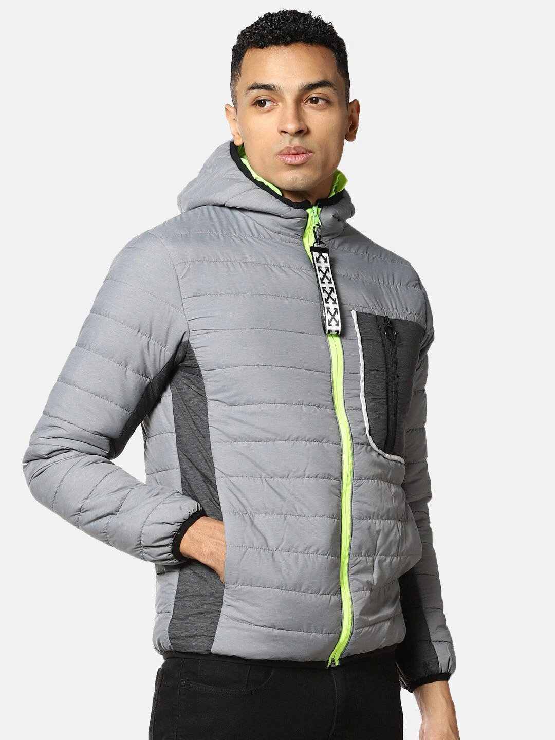 Campus Sutra Men Grey & Fluorescent Green Windcheater Puffer Jacket - Image 3