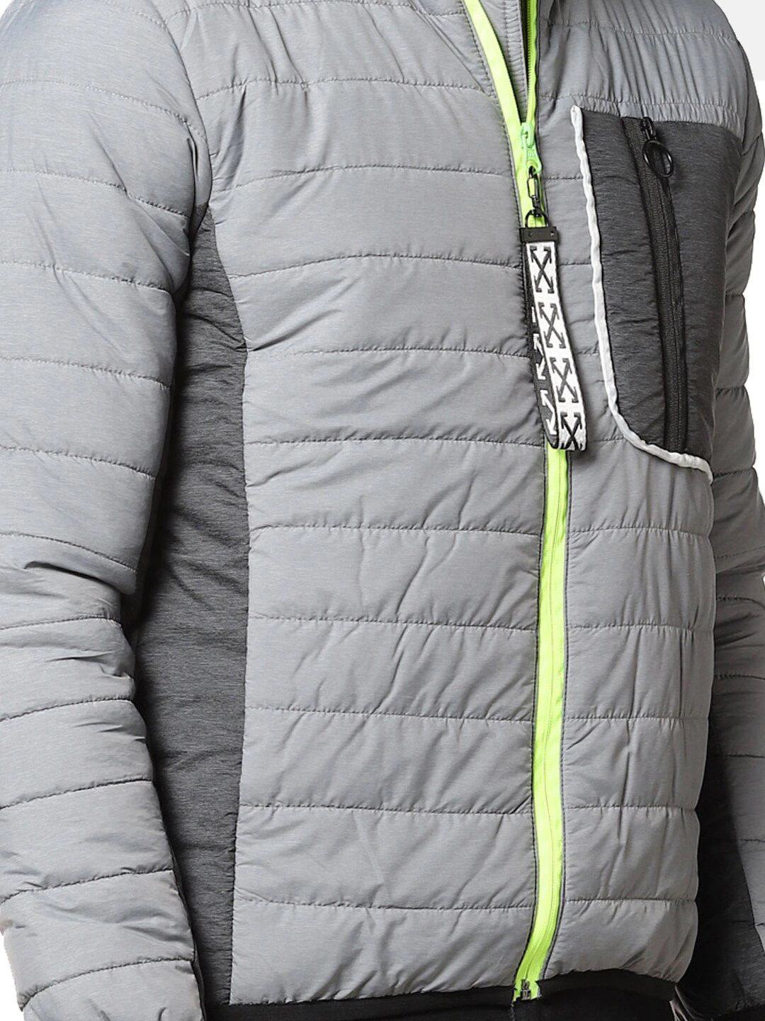 Campus Sutra Men Grey & Fluorescent Green Windcheater Puffer Jacket - Image 2