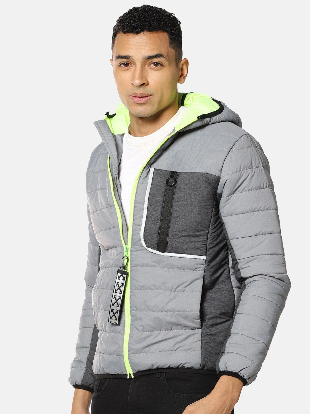 Campus Sutra Men Grey & Fluorescent Green Windcheater Puffer Jacket
