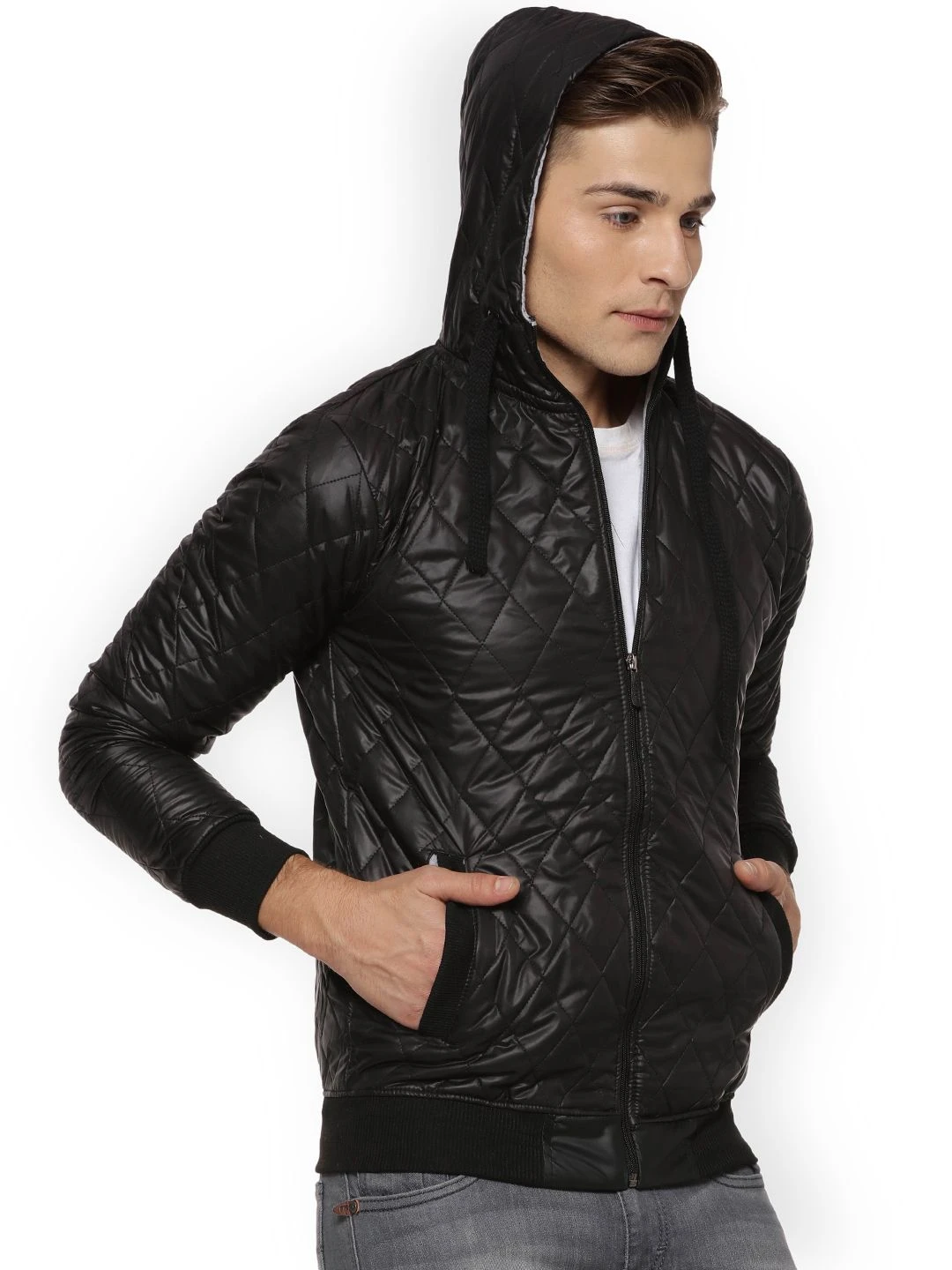 Campus Sutra Men Black Self Design Quilted Jacket - Image 3