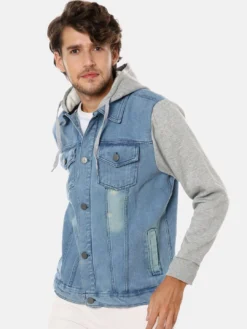 Campus Sutra Men Blue Washed Colourblocked Windcheater Outdoor Denim Jacket