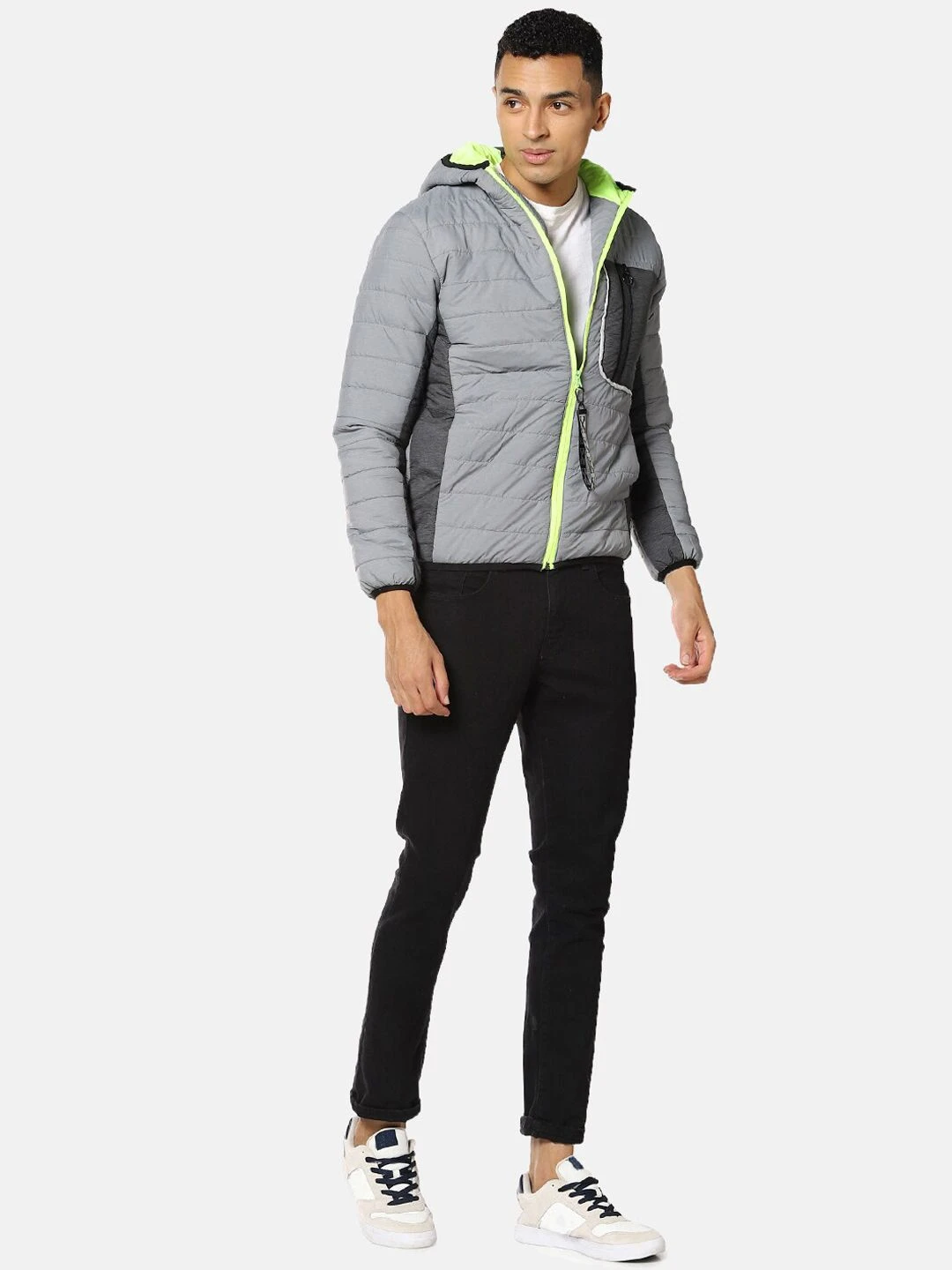 Campus Sutra Men Grey & Fluorescent Green Windcheater Puffer Jacket - Image 5