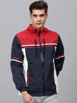 Campus Sutra Men Blue & Red Colourblocked Windcheater Outdoor Sporty Jacket