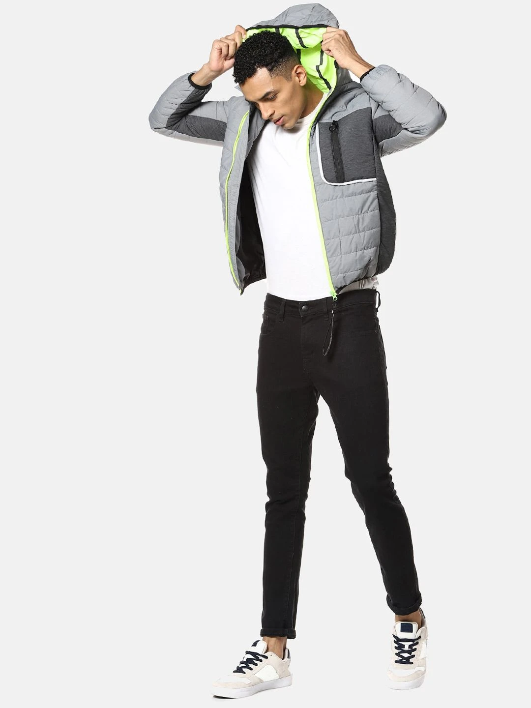 Campus Sutra Men Grey & Fluorescent Green Windcheater Puffer Jacket - Image 6